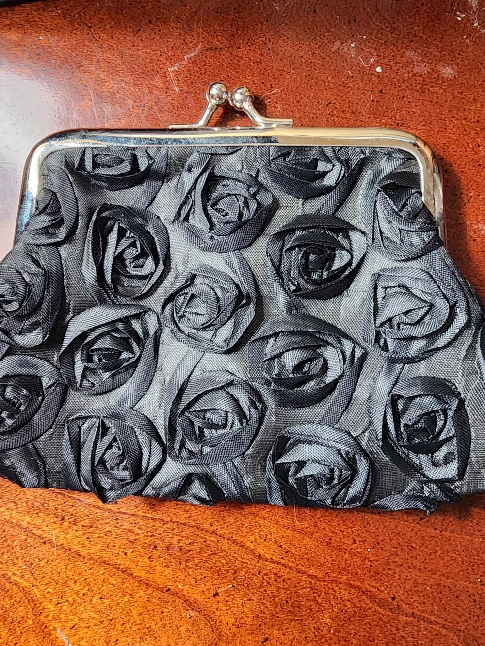 Black Satin Rosette Evening Clutch Kiss Lock Flower Purse